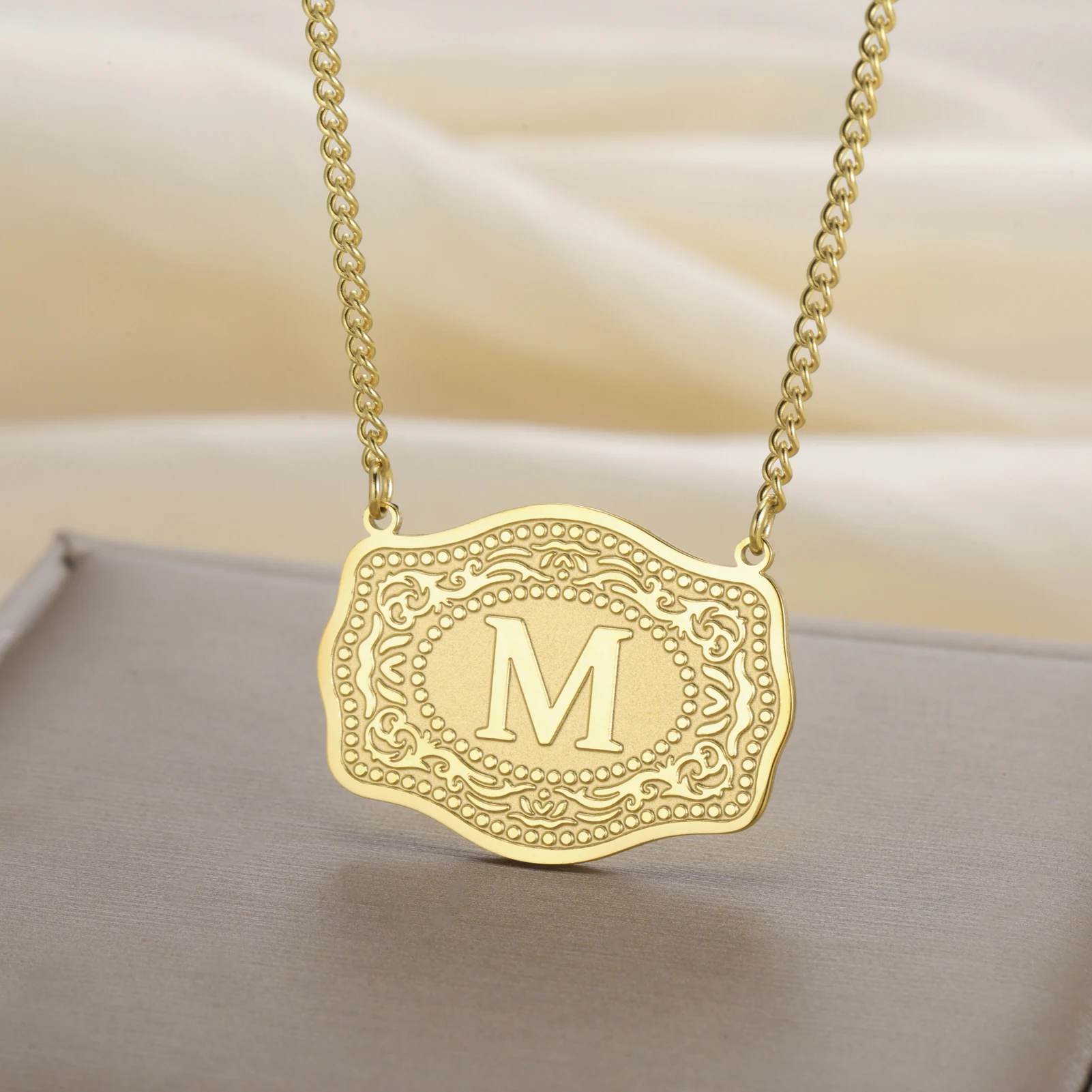 

18K Gold-Plated Initial Letter Pendant Necklace with Embossed Belt Buckle for Women Men Personalized Rodeo Western Jewelry Gifts