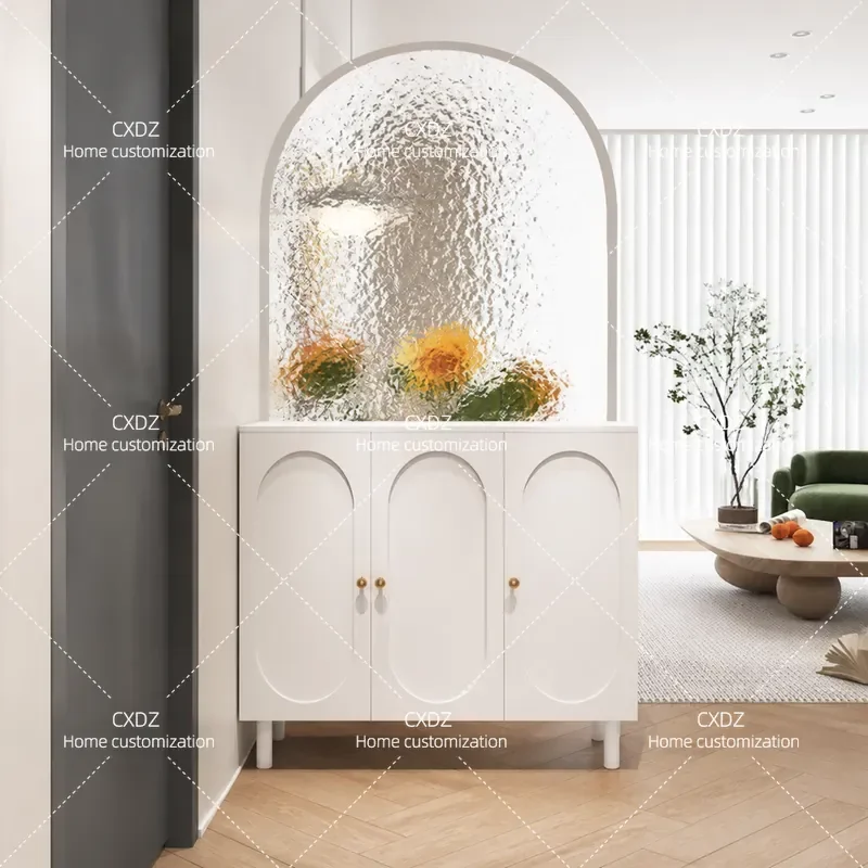Entrance Shoe Cabinet with Glass Screen Partition Integrated Front Door Storage Unit Living Room Side Cabinet Wrought Iron