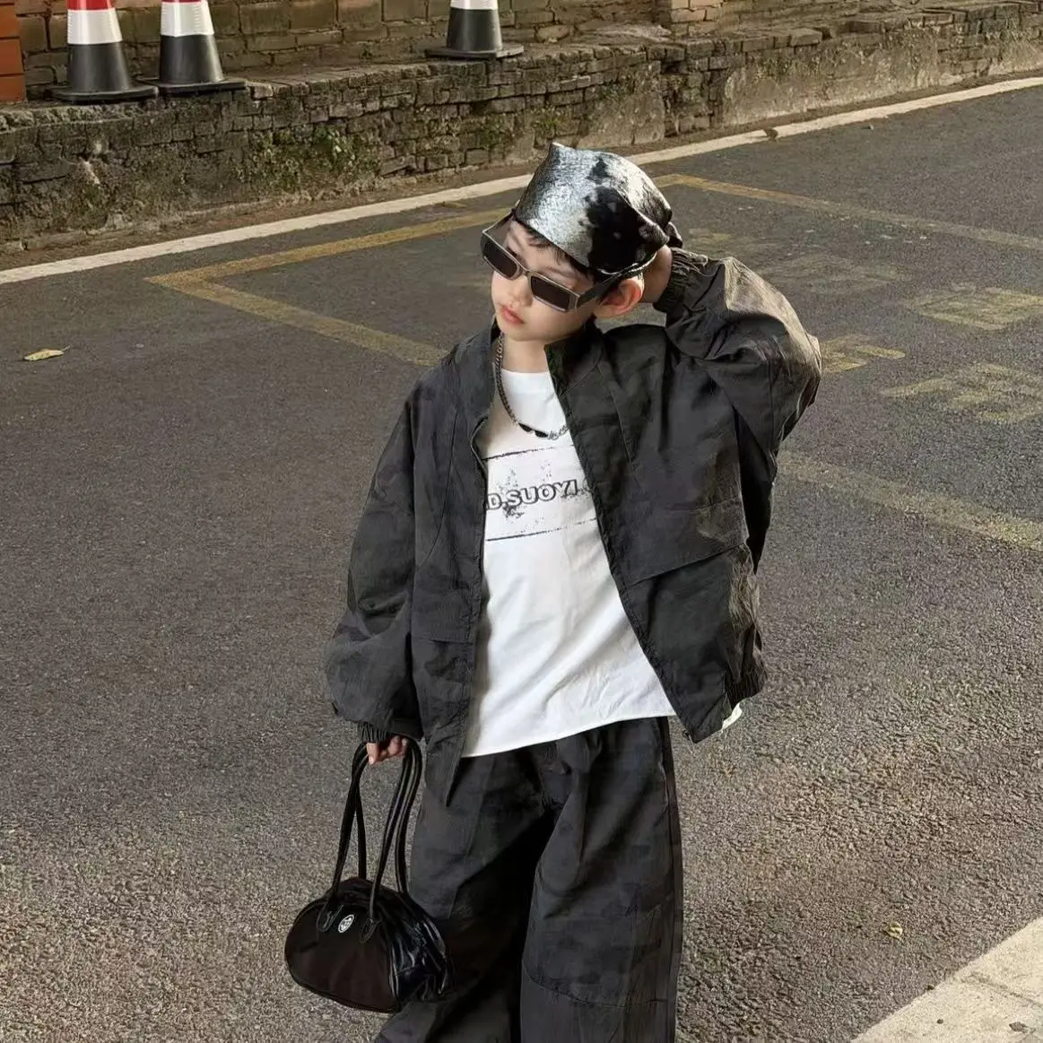 

Boys' 2026 Spring and Autumn Cool Handsome Street Style Camo Coat Loose Wide Leg Pants High Cold Air Two Piece Set