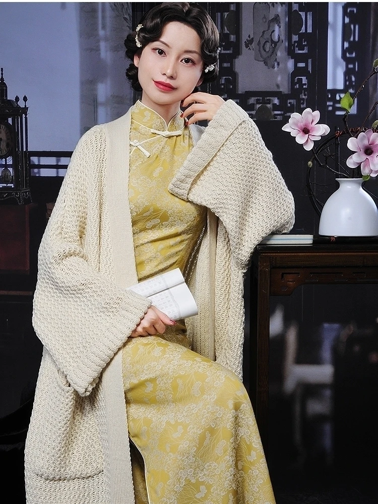 

2024 Cheongsam Outerwear Draped Shawl Long Loose And Lazy Style Sweater Coat Knitted Cardigan Autumn And Winter Wear Long Coat