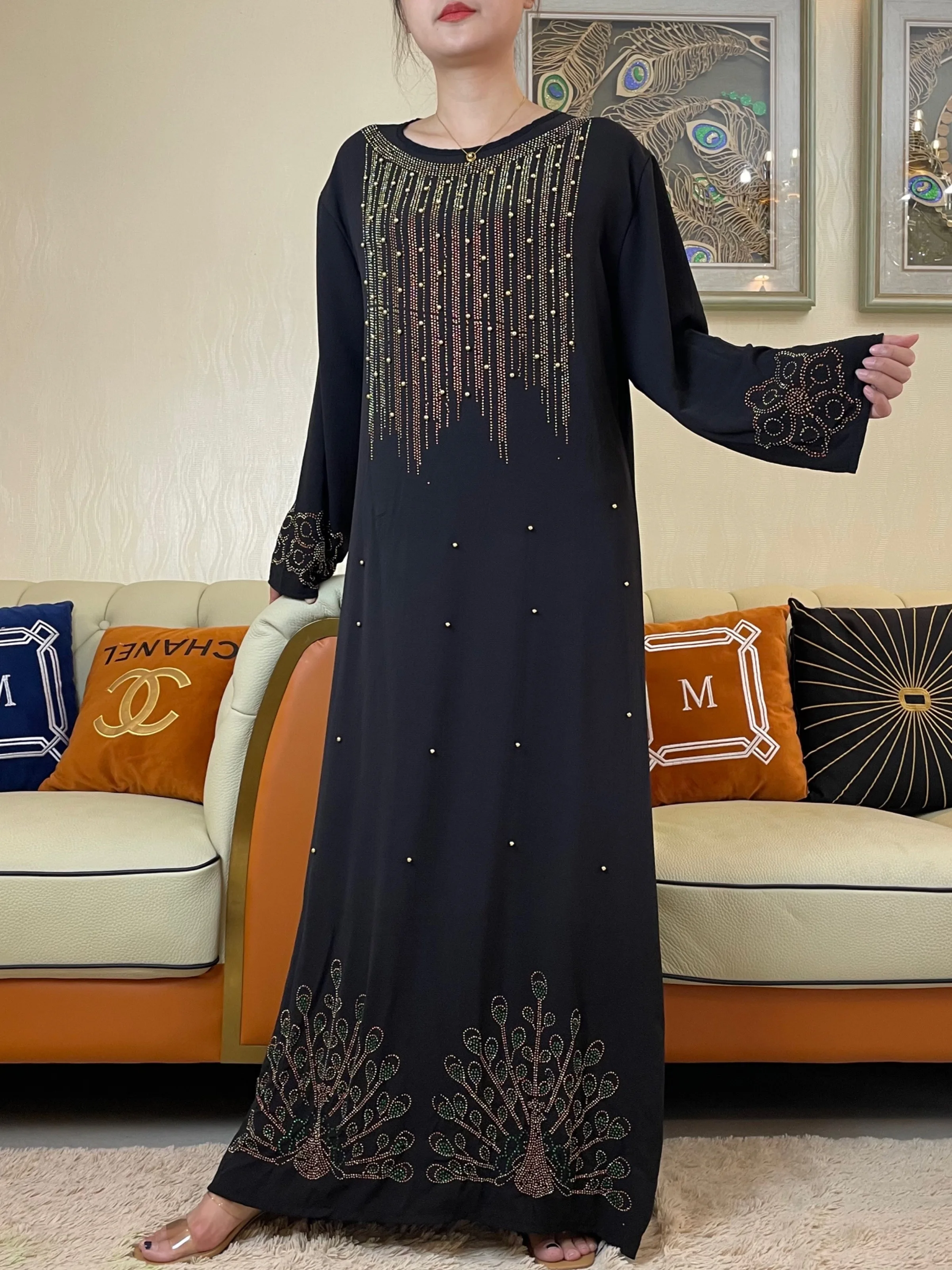 2022 Autumn Abaya Muslim Woman Long Sleeve Dress Ramadan Prayer Diamonds Kaftan Arabic Islamic Clothing Robe Moroccan Caftan