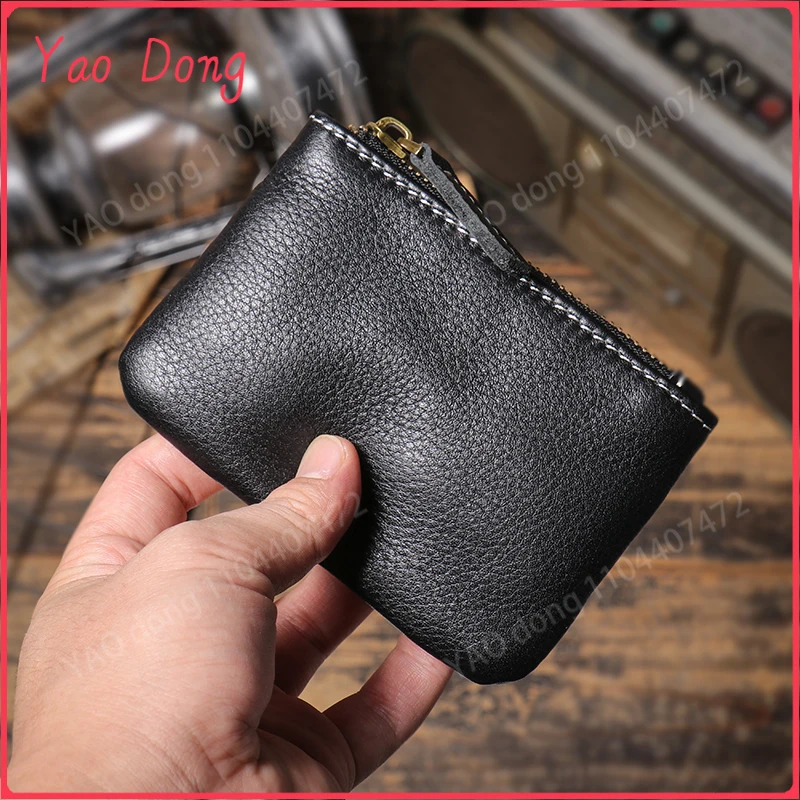 Yao Dong LEATHFOCUS Men's Genuine Leather Coin Wallet Cowhide Women Mini Short Purse Card Holder Change Purse Zipper Small Money