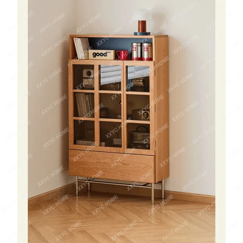 JYG cherry wood display cabinet living room simple glass door dust-proof bookshelf storage