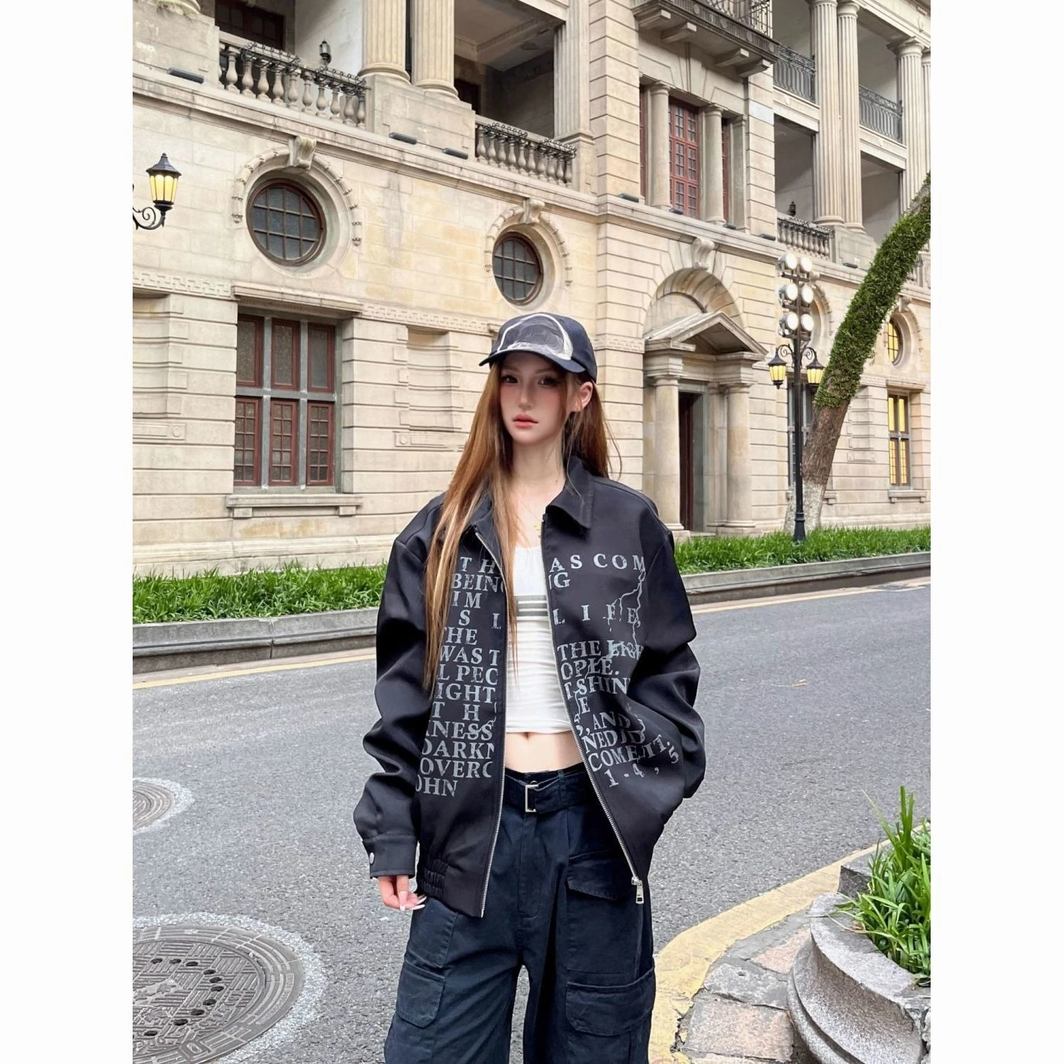 سترة بقلنسوة ذات ثقافة فرعية أمريكية كلاسيكية بأكمام طويلة للسيدات غير رسمية Y2k Harajuku مطبوعة بحروف يابانية معطف بسحاب ملابس خروج للخريف #5