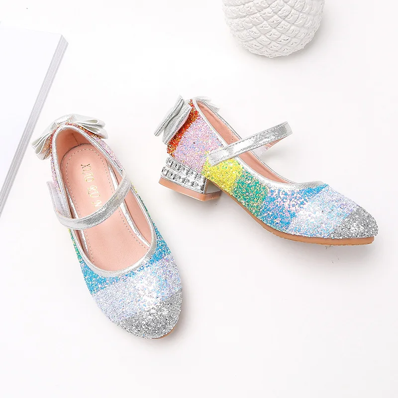 Zapatos Kid Shoe Girl Rainbow Princess Shoe Kids Crystal Mary Jane Shoes Bow Tie Flat Leather Shoes Elegant Sequin High Heels