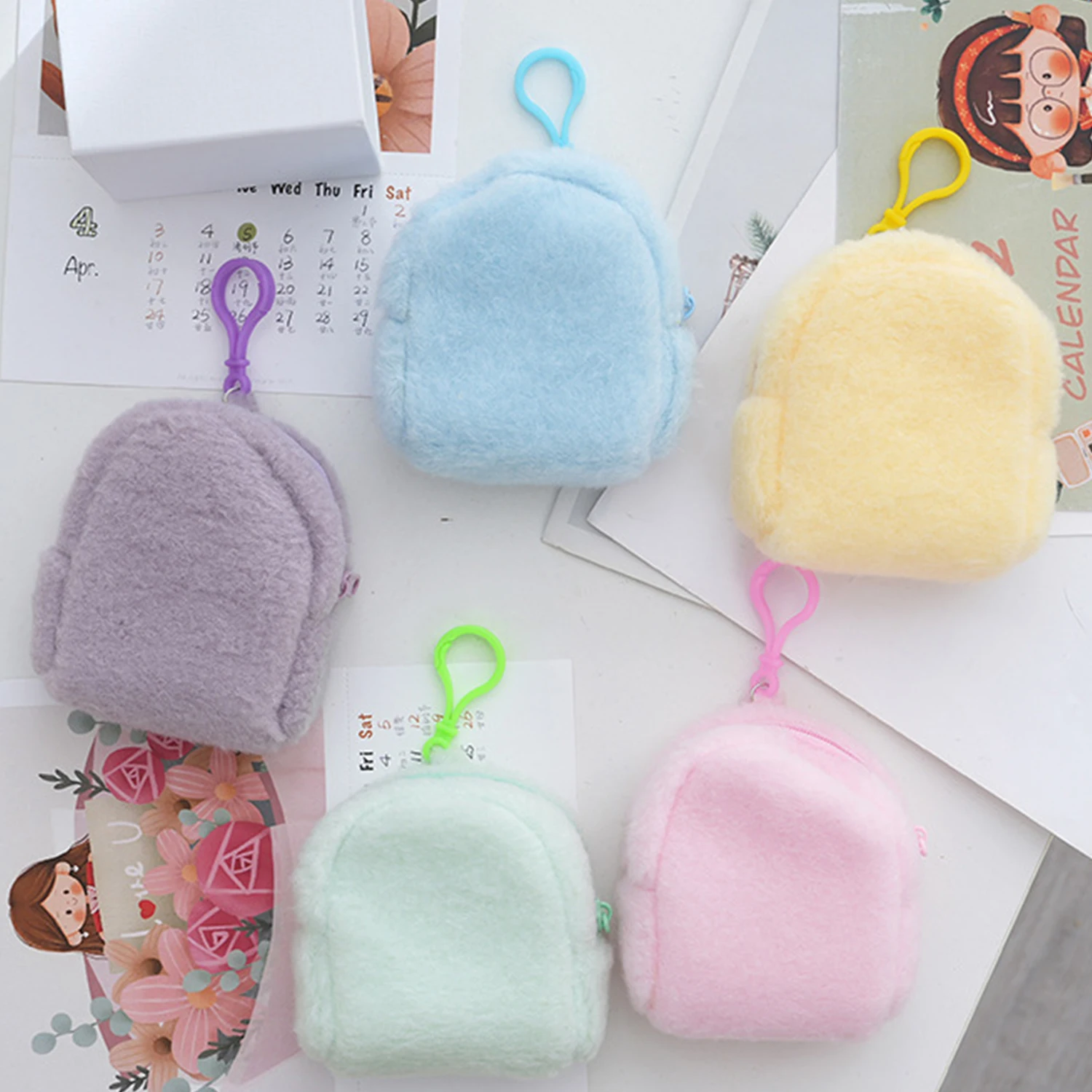 Solid Color Plush Coin Purse Women Minimalist Candy Color Change Pouch Small Zipper Wallet Portable Headphone Bag Key Holder