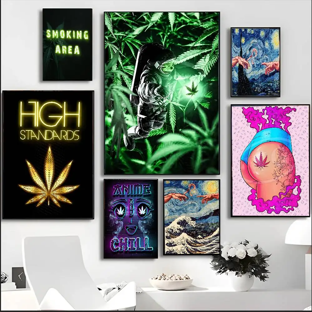 Smoking Leaves Weed Artwork Poster Canvas Printing Abstract Painting Weed Wall Decor Home Room Drug Wall Art Prints Decoration