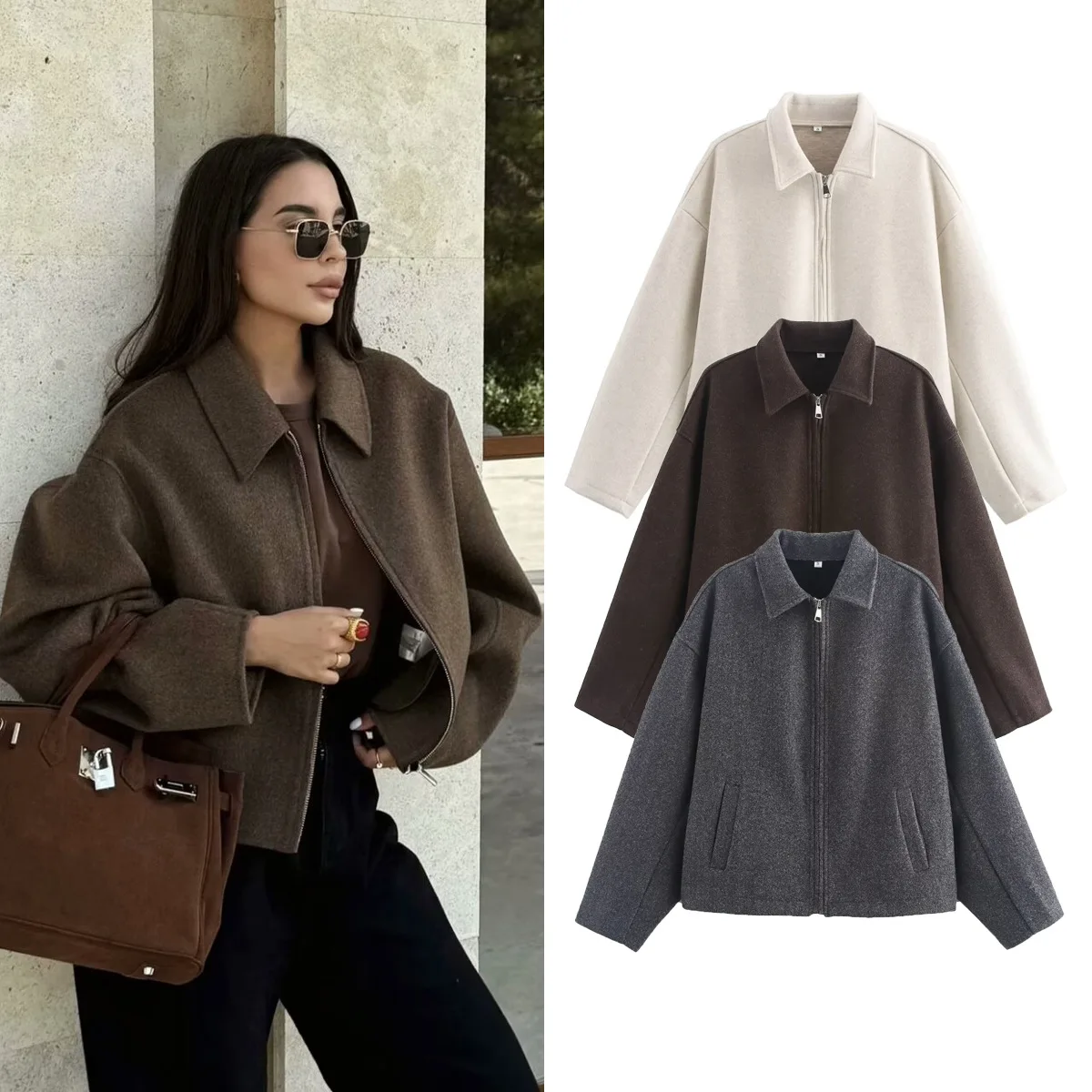 Fashion Solid Color Zip Up Wool Coat Blazer, Loose Fit Fall Winter Spring Jackets, Casual Blazers Outerwear