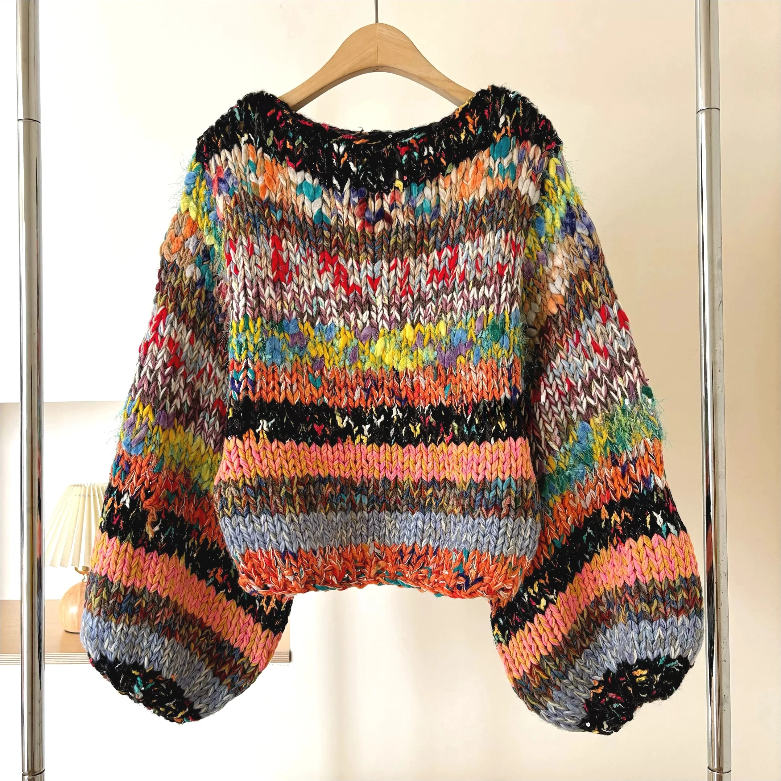 Chunky Colorful Mixed Knit Sweater Cropped Handmade Balloon Sleeve Pullover Multicolor Space-Dye Knitwear with Voluminous Sleeve