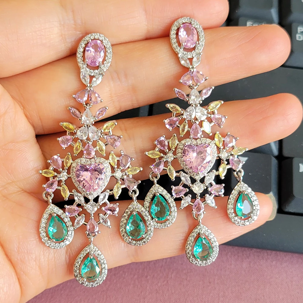 Luxury Cubic Zirconia Long Large Dangle Earrings for Women Vintage Palace Purple Green Teardrop Flower Earrings Party Gala Event