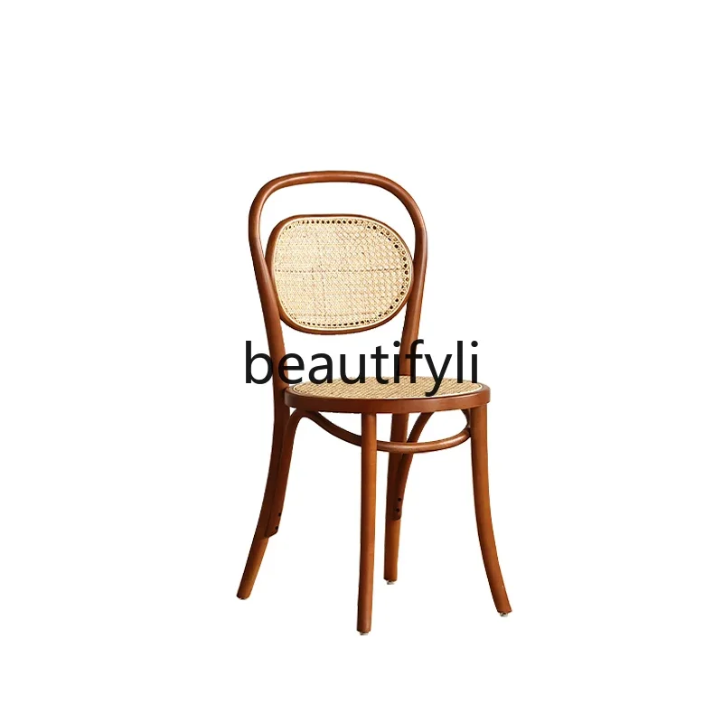 

xqqSolid wood dining chair restaurant rattan retro home chair dining table chair backrest casual
