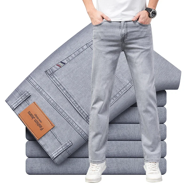 Summer Thin Elastic Cotton Jeans for Men Classic Gray Straight Fit Casual Pants Comfortable Business Daily Wear Trousers