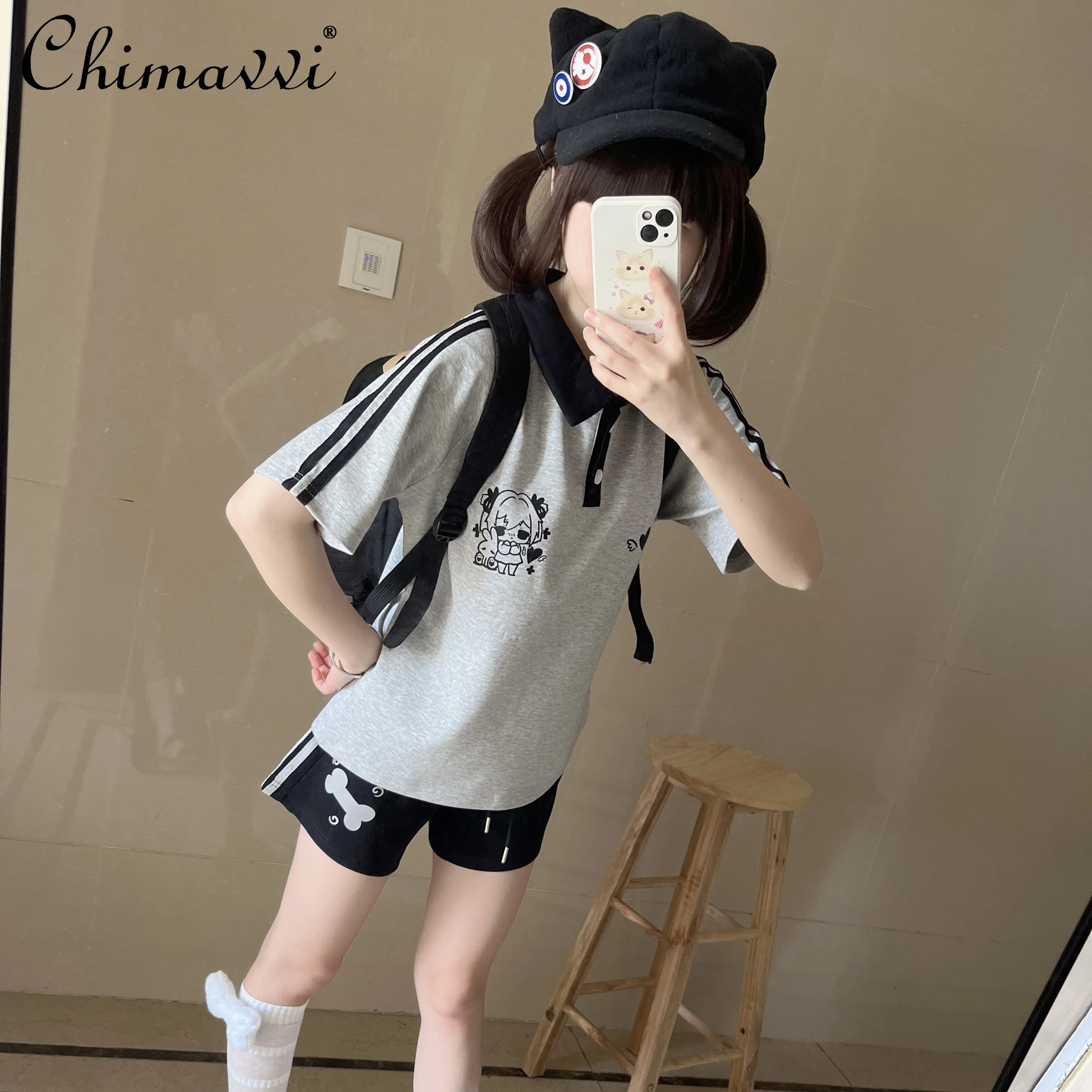 Summer New Polo Collar Sports Suit Students Casual Cute Japanese Style Black Gray Short Sleeve T-shirt Shorts Gril 2 Peice Set