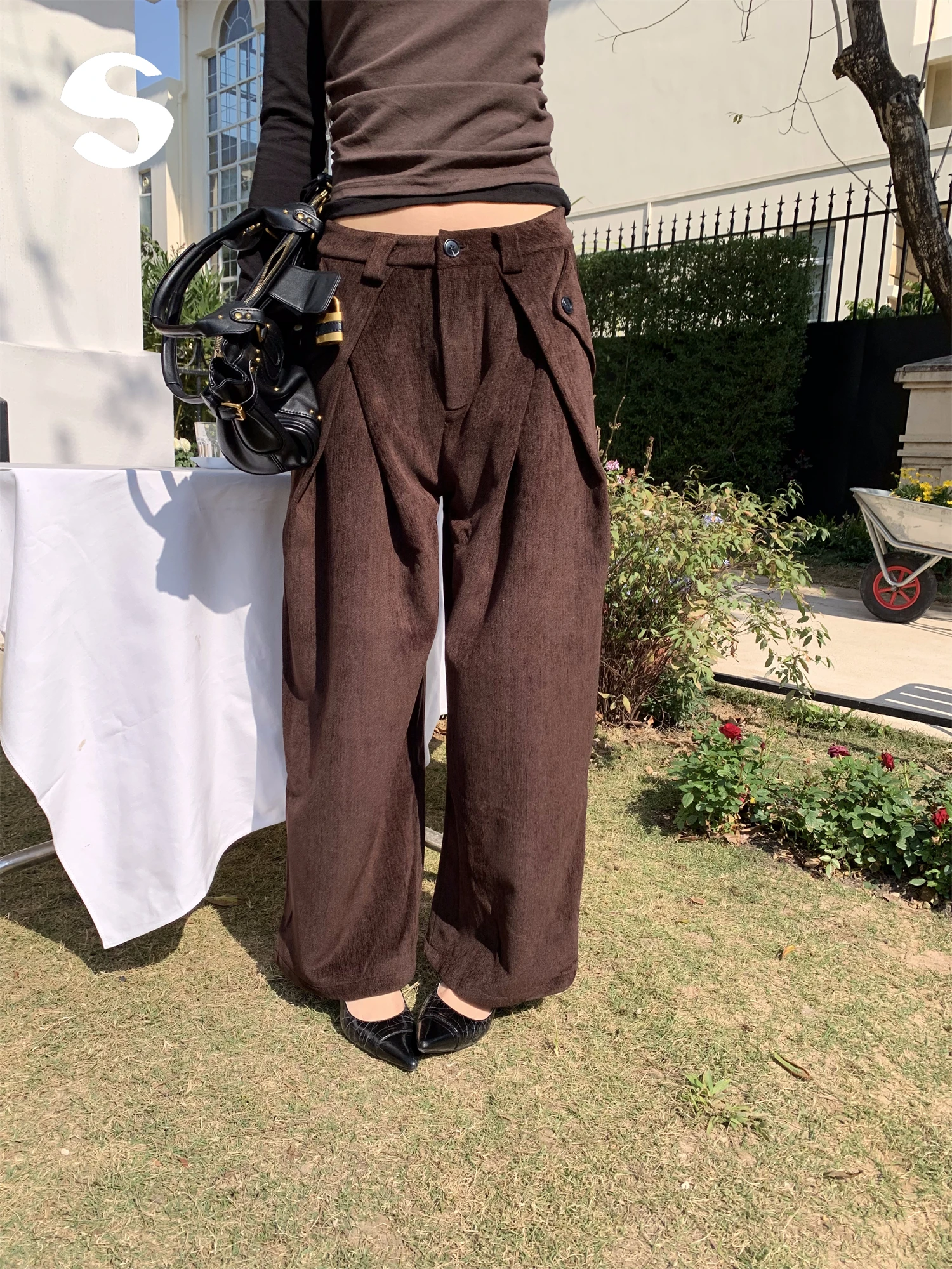 

Винтажные широкие бархатные плиссированные повседневные брюки Sp at для женщин: свободный крой, комфортные, струящиеся, на пуговицах, прямые, L-размер