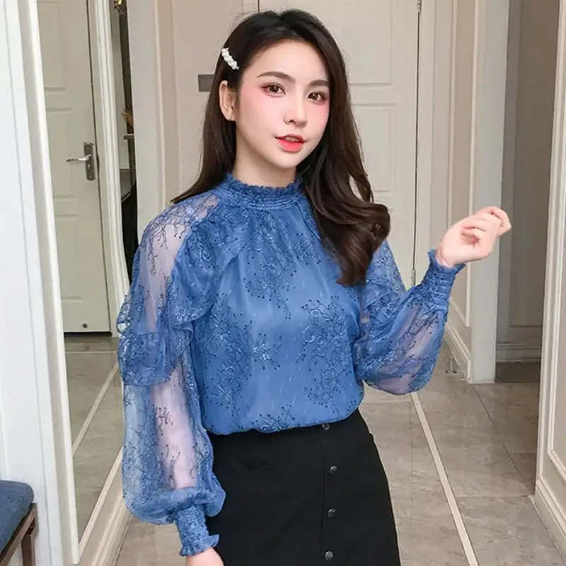 Women's Long Sleeve Chiffon Shirt Mesh Korean Bottoming Shirt Lantern Sleeve Spring and Summer Fashion Grace Women's Coat Top