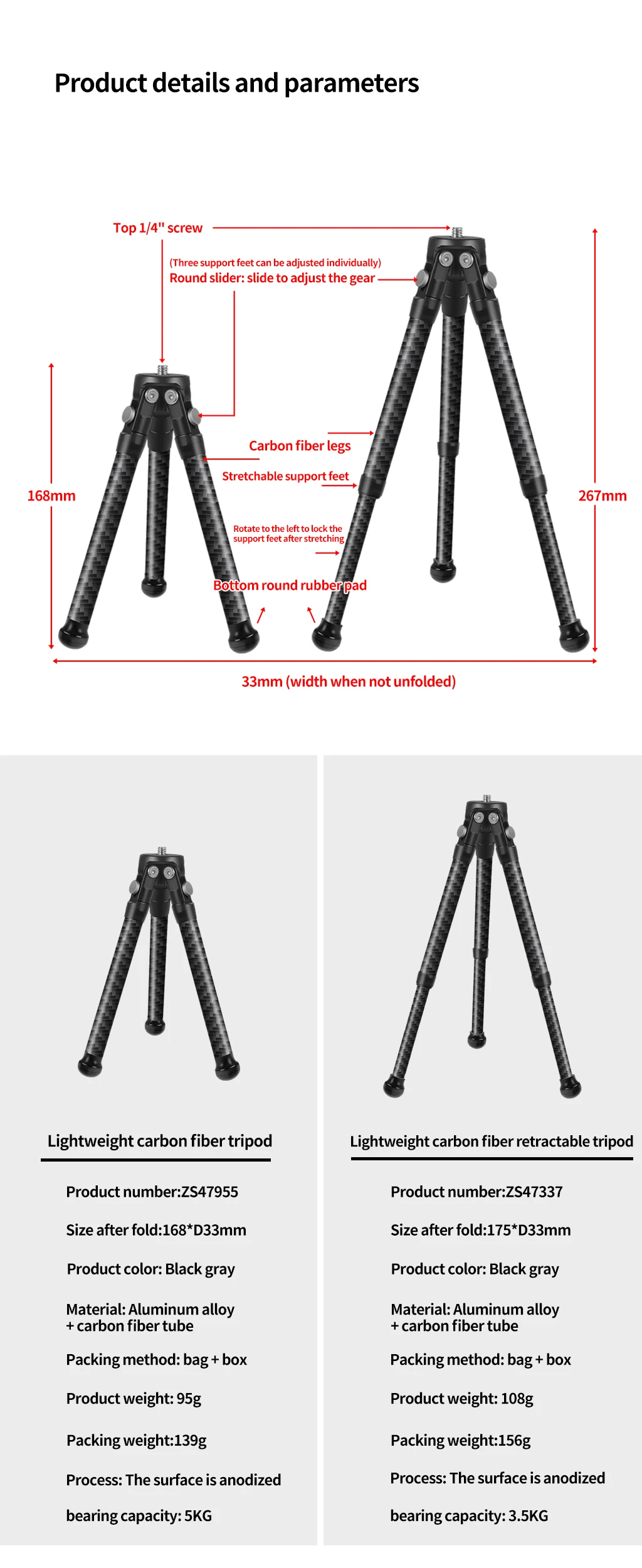 Kohlefaser-Mini-Stativ, multifunktionales SLR-Vlog-Stativ, 5 kg maximale Belastung mit 1/4 Zoll Schraube für Kamera, Smartphone, Live-Halterung – Detail 9