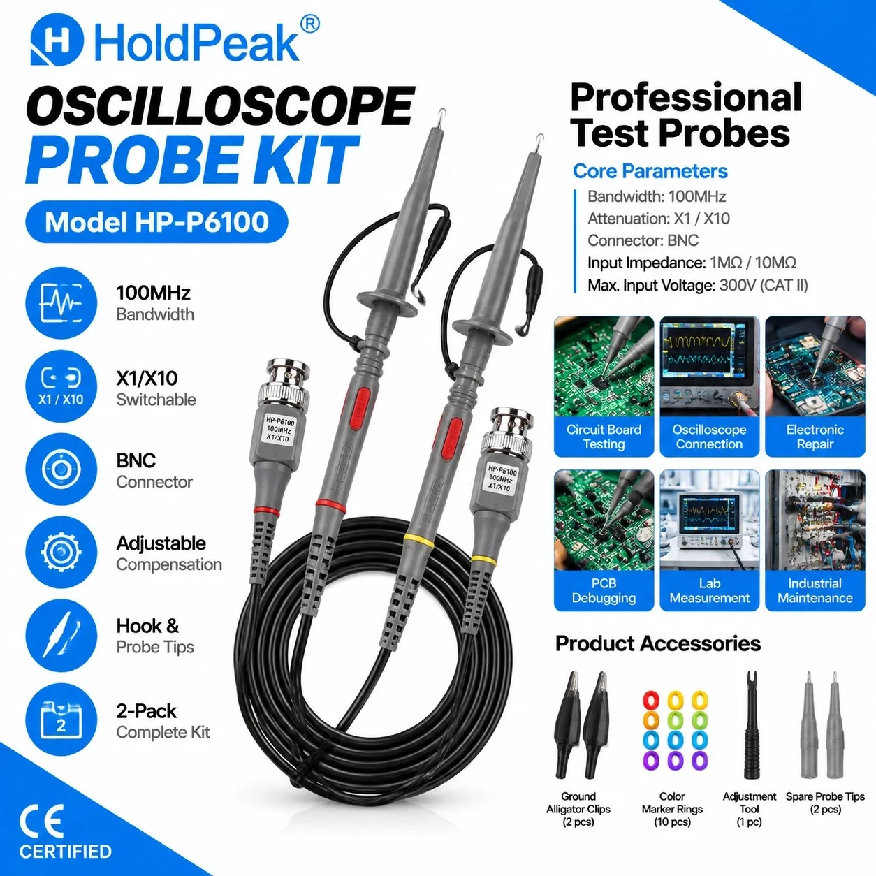 HoldPeak Oscilloscope Probe 1000V 5A 100MHz 1X/10X Passive Probe with BNC for Universal Oscilloscopes