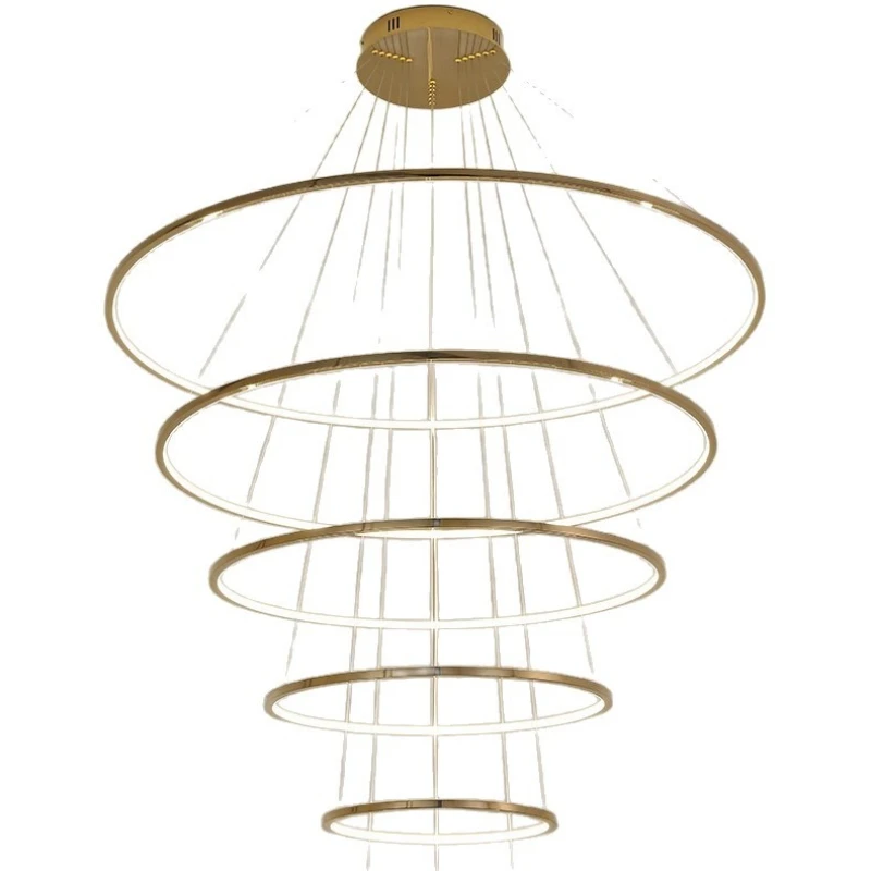 

Golden light luxury round ring light Duplex villa chandelier, loft floor with high living room chandelier