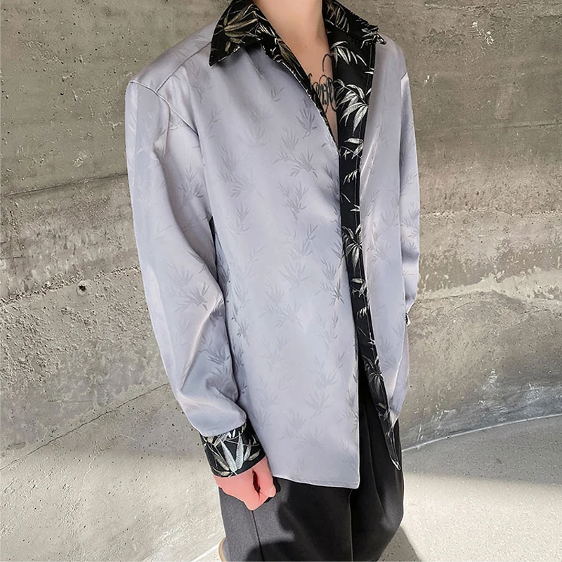 GDHLWMY Autumn new Chinese satin bamboo leaf jacquard lapel long sleeved men's and women's loose shirt retro