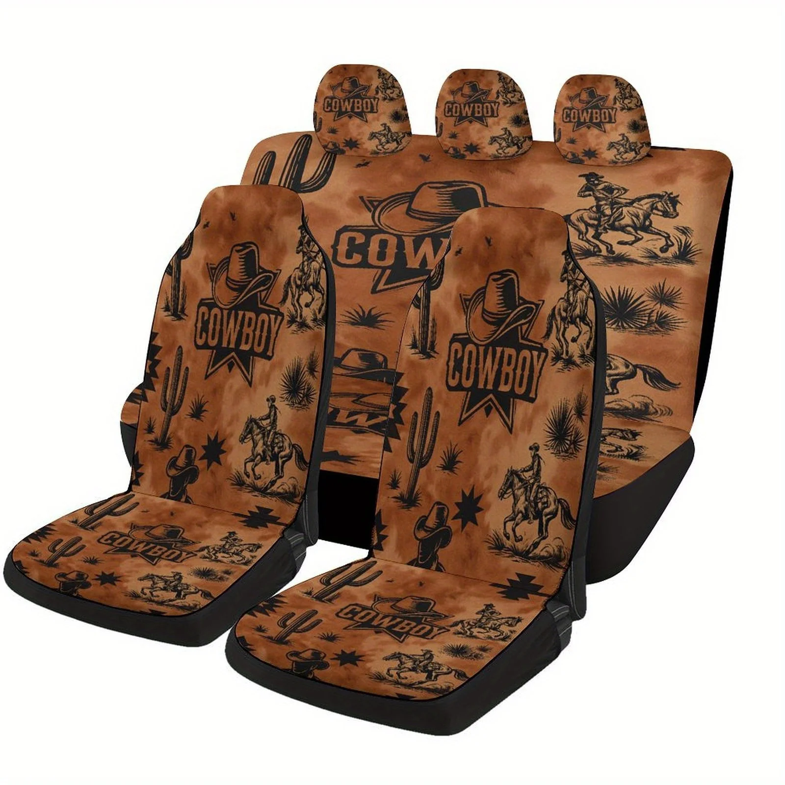 Cowboy Western Pattern Themed Car Seat Cover Set For Most Cars, Trendy Novelty Car Seat Protector Covers Full Set, Universal Car