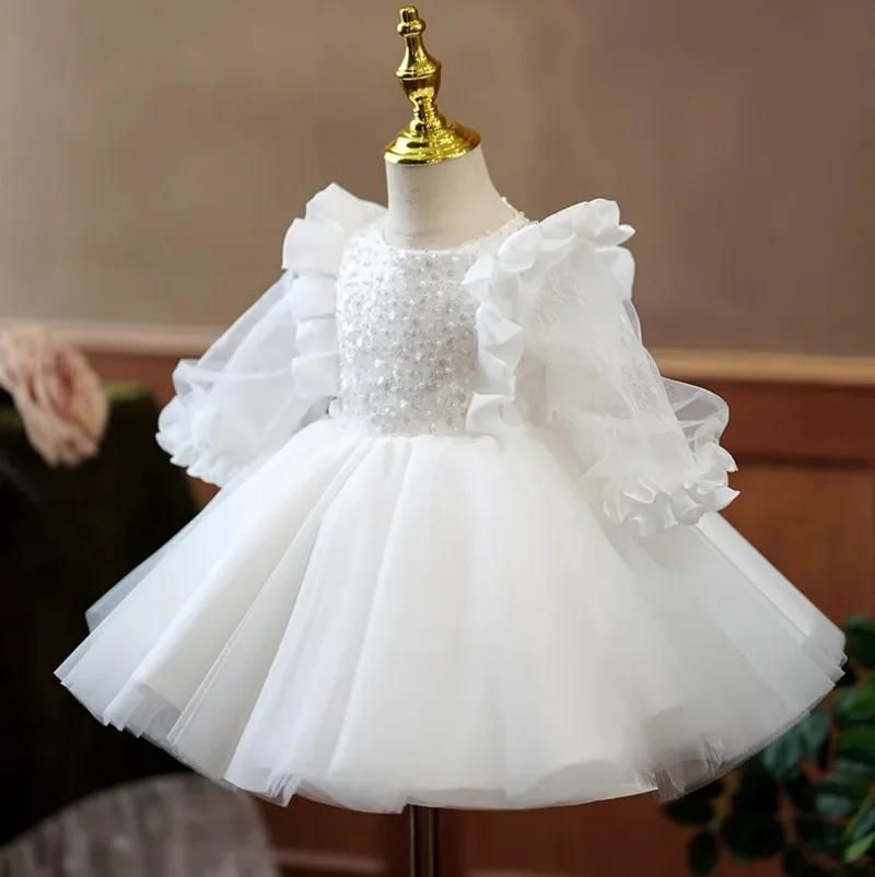

Girls New Year Princess White Tutu Tulle Gown Kids Dresses Long sleeves baby infant Birthday Party Dress