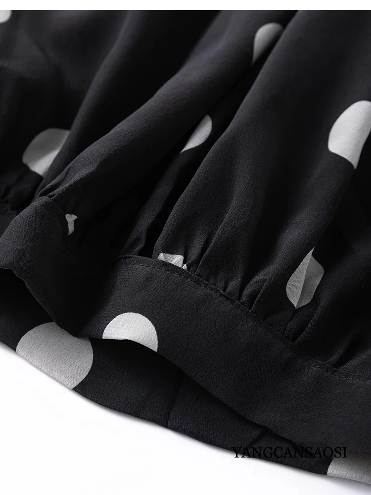 Modern Large Polka Dot 100% Natural Mulberry Silk Crepe De Chine Elastic Waist Women's Fashionable Cropped Lantern Pants