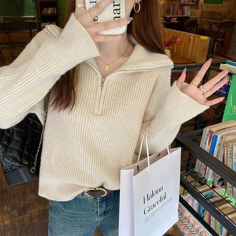 

Women's Lazy Loose Knit Sweater Autumn Winter New Lapel Design Base Top