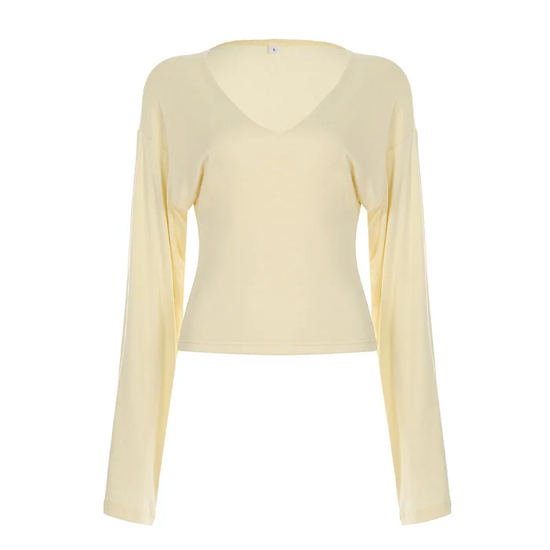 Women's Autumn Spring Top T-shirt V-neck Waist-cinching Solid Color Batwing Sleeves Simple Comfortable Casual Niche Versatile