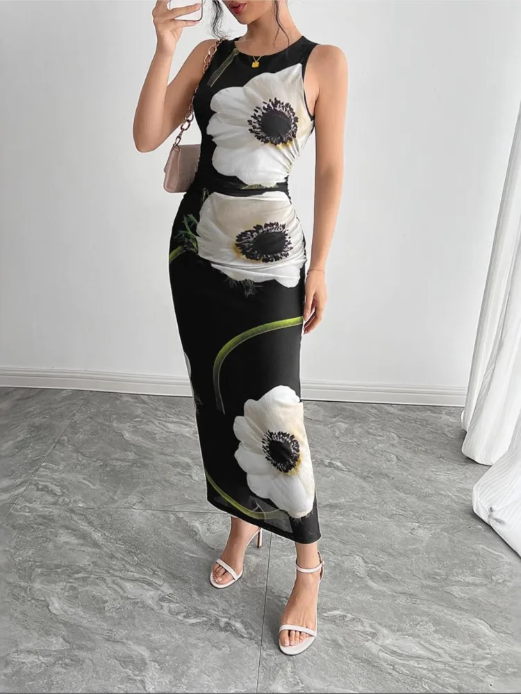 

2025 Summer New Women's Dress Sleeveless Round Neck Print Vestidos Para Mujer Slim Length Dresses Gorgeous Banquet Prom Gowns