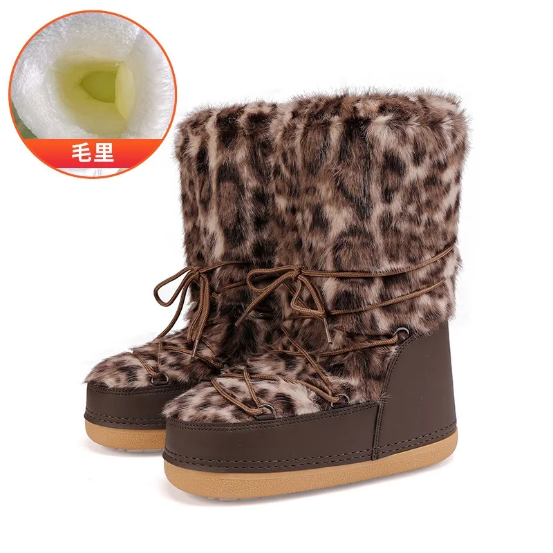 Winter Women Boots Fashion Mid-calf Cotton Shoe Winter Fur Fluffy Boot Outdoor Non-slip Platform Boot Thick Plush Warm Snowboots