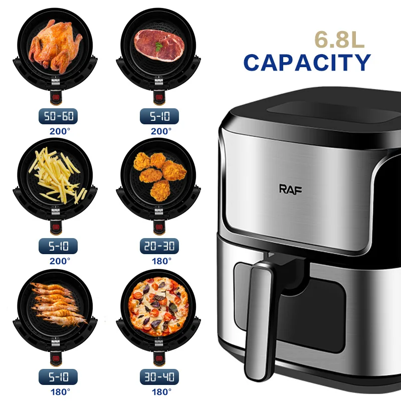 6.8L Large Capacity Visible Smart Automatic Multi-Function Stainless Steel 1600W Household Electric Air Fryer Oven With Screen