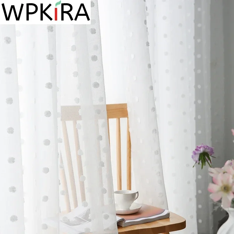 Modern White Lovely Pom pom Tulle Curtain For Living Room Girls Bedroom Solid Color Linen Voile Window Treatment Kitchen ZH036H