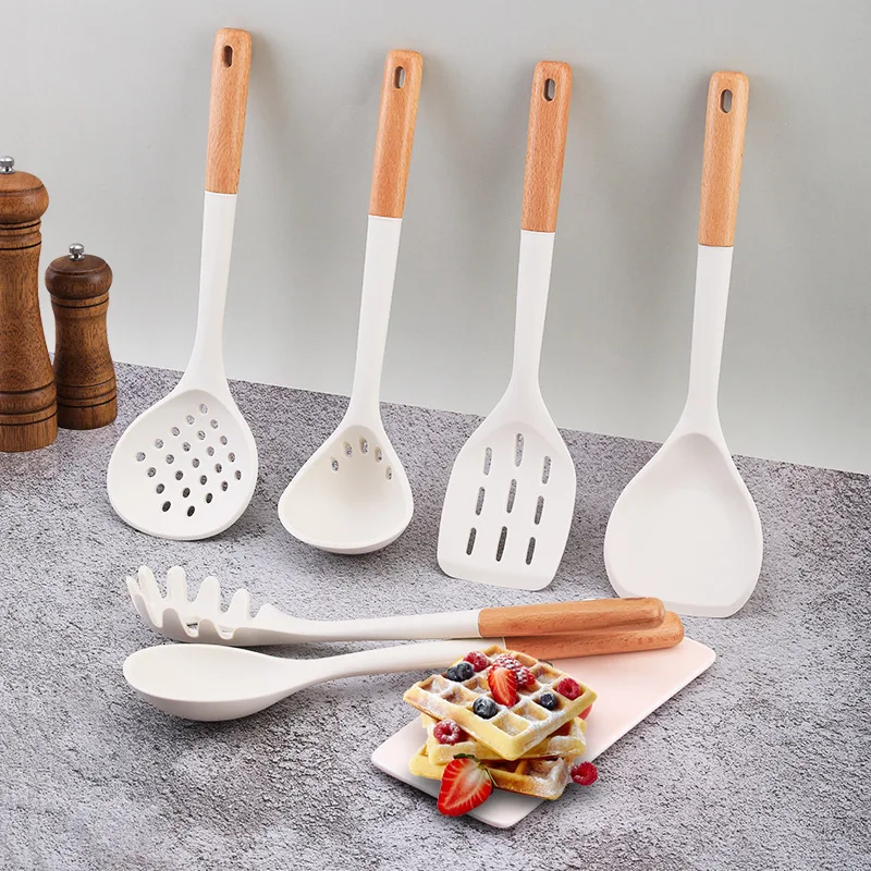 1PC Thickened white wooden handle silicone kitchenware seven piece set, silicone spatula kitchen cooking utensils