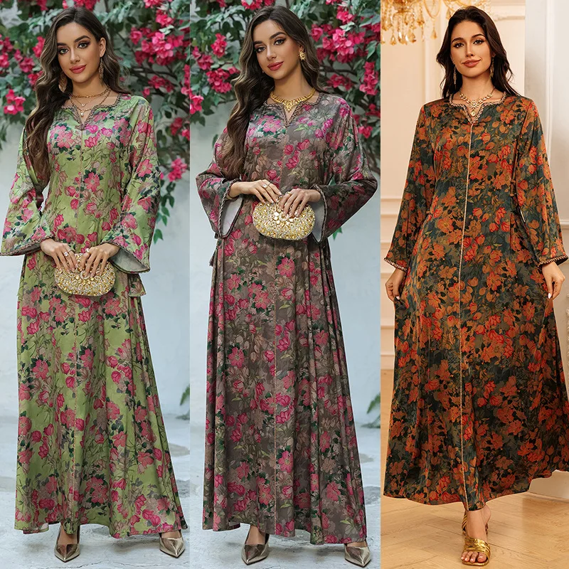 Dubai Muslim New Fashion Women's Elegant Trendy Loose Diamond Studded Long Sleeve Ankle Length Jalabiya Female Abaya Clothes 3