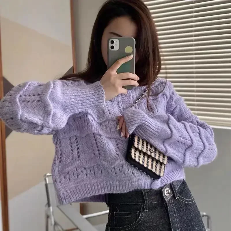 Gagarich Korean Spring New Women Purple Knitted Cardigan French Short Crewneck Sweater Jacket Lady Casual Caridgan Top