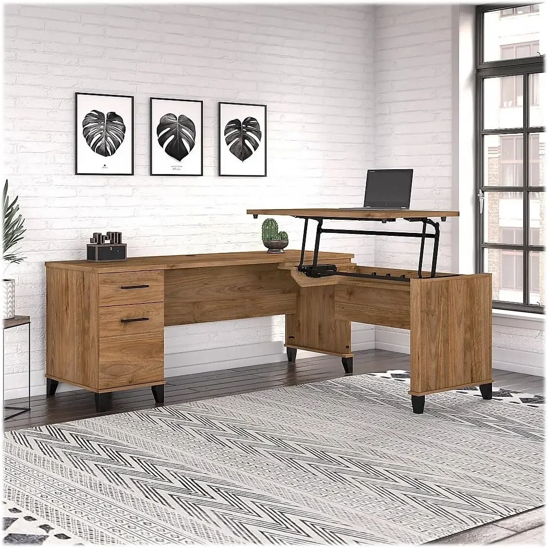 Bush Furniture Somerset 72W 3 Position Sit to Stand Adjustable Standing L Shaped Desk, Computer Office Table in Fresh Walnut