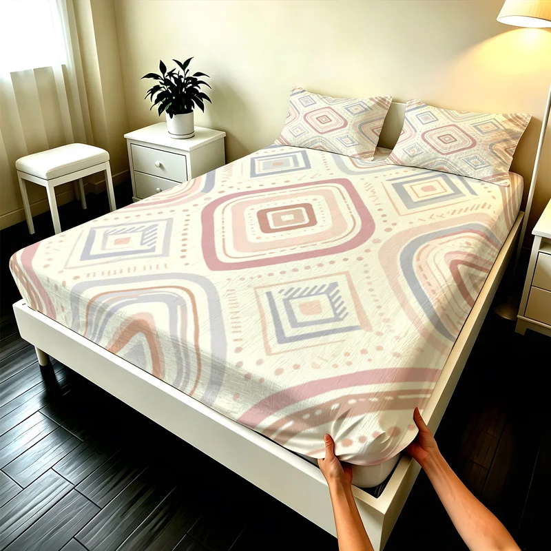 3Pcs Polyester Boho Fitted Sheet Set,Deep Pocket,Multi-Sizes,Durable,Bohemia Geometric Motif Design,Modern Bedroom Decor