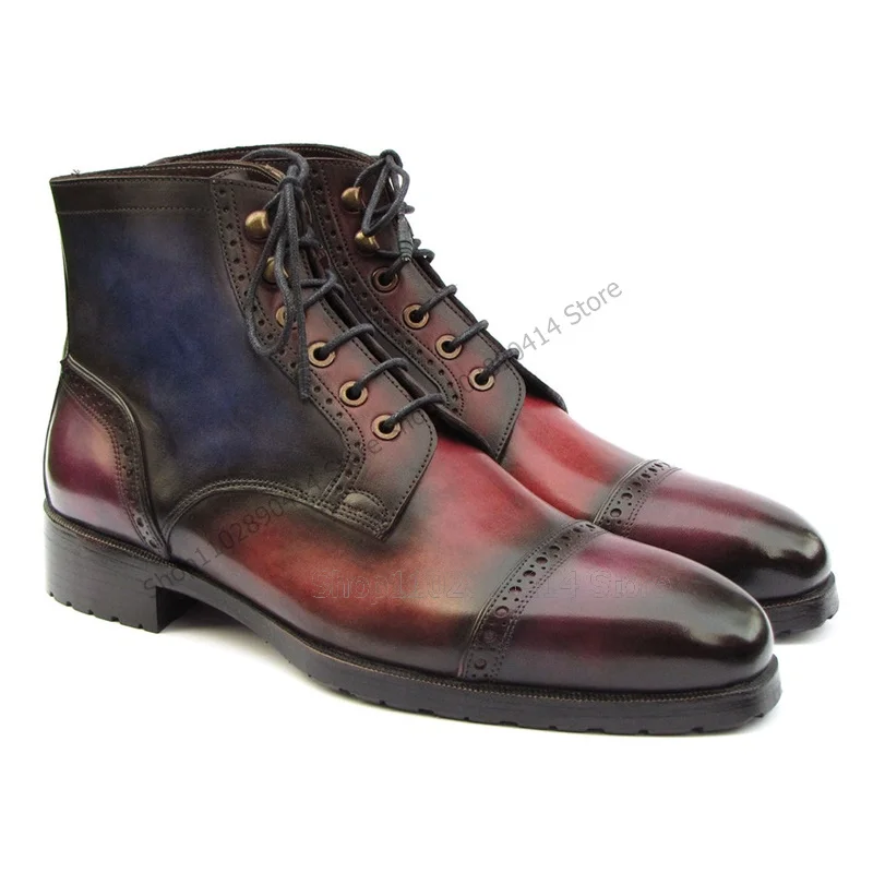 

Colorful Print Carving Design Square Toe Strappy Boots Fashion Lace up Men Shoes Luxury Handmade Party Banquet Men Casual Shoes