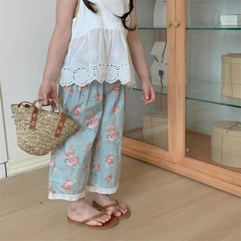Baby Girls Casual Trousers 2025 New Fashion Flower Print Loose Thin Wide Leg Pants 2-7Years Old Kids Cropped Pants ﻿
