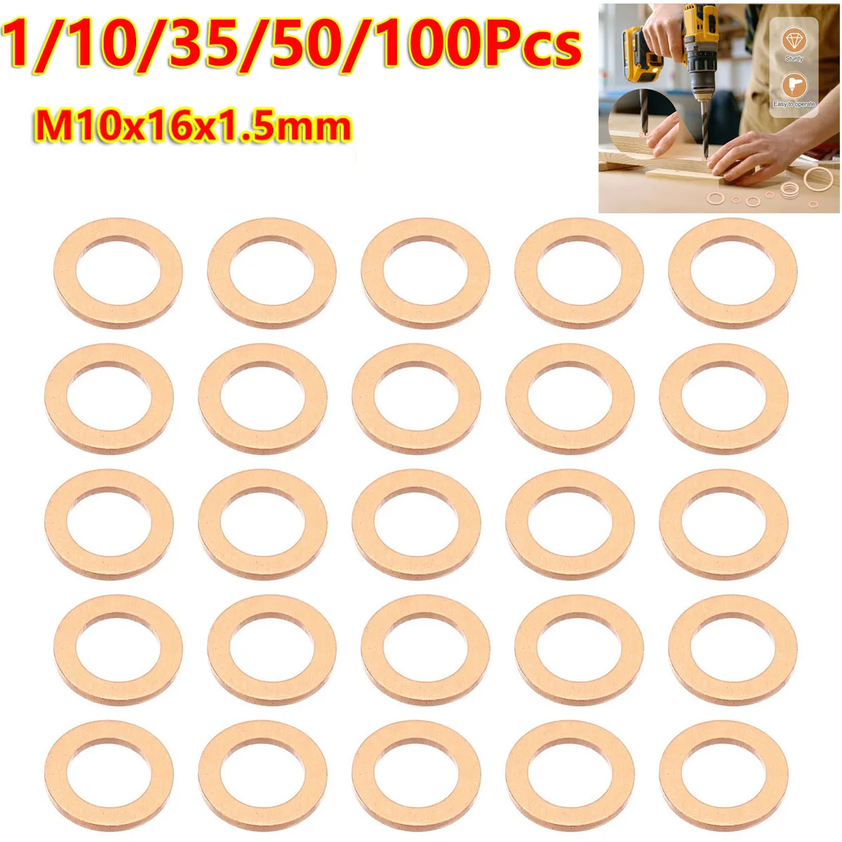 

1/10/35/50/100Pcs M10 Copper Washers M10x16x1.5mm Copper Crush Washer Metric Flat Washers Seal Combination Kit For Oil Pan Plugs