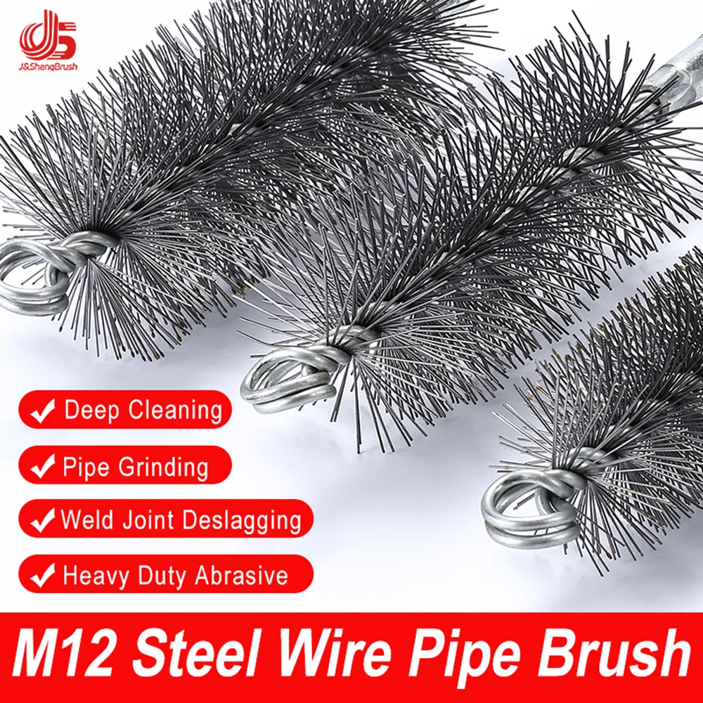Wire Tube Brush M12 Thread Handle Carbon Steel Drill Chimney Pipe Cleaning Polishing Surfaces Deburring Power Tool Accessory