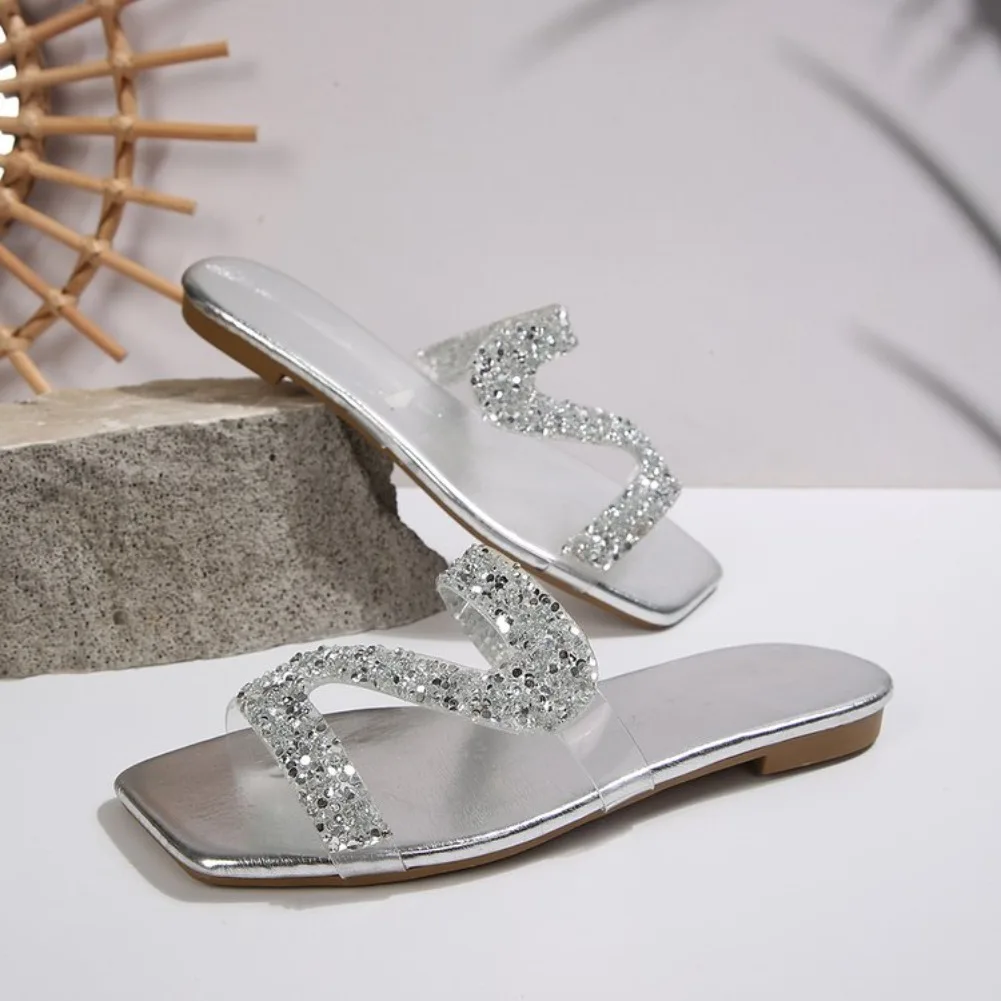 2026 Sexy Damen-Sandalen Sommer Strand Flache Sandalen mit Strass Damen Modenschau Bequeme Leichte Schuhe Sandalias Femininas – Detail 4