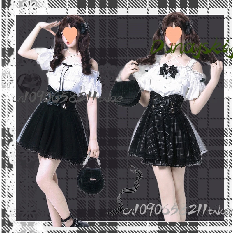 

Y2K Jirai Kei Gothic Lolita Set Black White Lace Top Skirt Dark Academia Daily Halloween Kawaii Cosplay Japanese Subculture