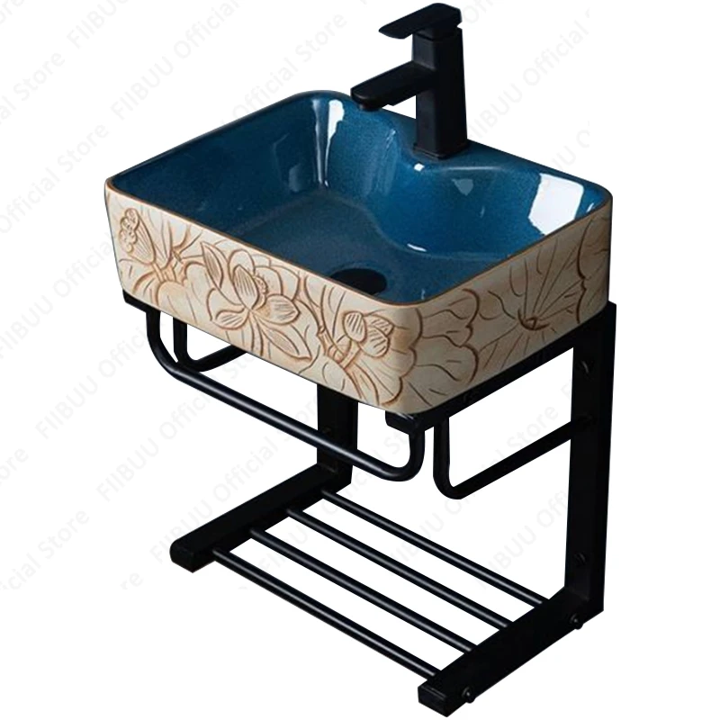 Ceramic Vessel Sink Wall-hang Lotus Pattern Sink With Stainless Steel Stand For Bathroom Balcony Wall Mounted Sink Wash Basin