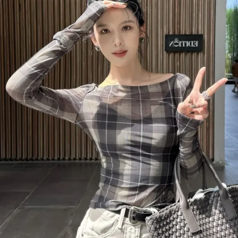 ,Women's Black Gray Plaid Square Neck Long Sleeve Slim Fit Crop Top