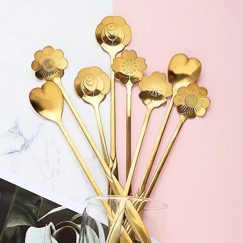 6pcs Gold Flower Stainless Steel Tea Spoons Set Coffee Spoon Honey Dessert Ice Cream Scoop Long Handle Teaspoon Cafe Tableware