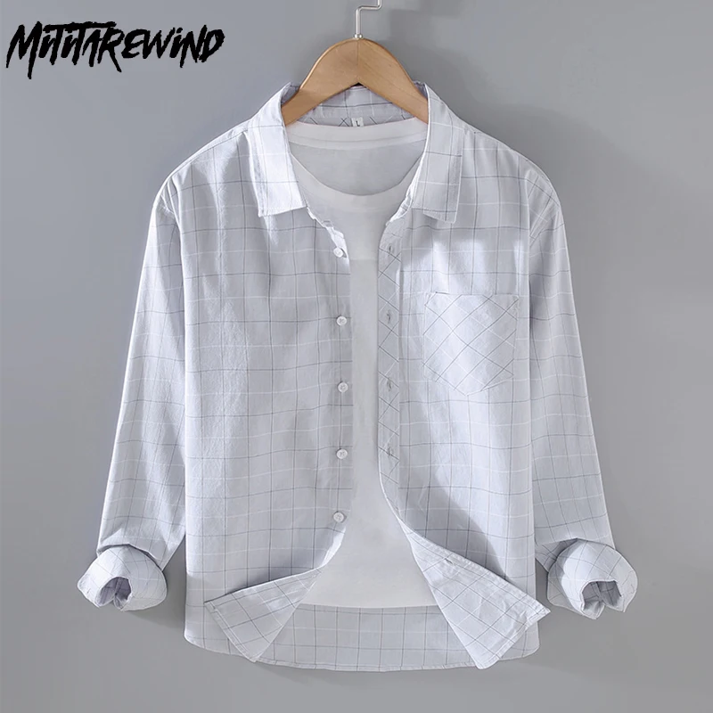 

Harajuku Long Sleeve Shirt Men Spring Autumn Daily Casual Pure Cotton New in Shirts Lapel Pocket Plaid Shirt Fashion Tops Youth