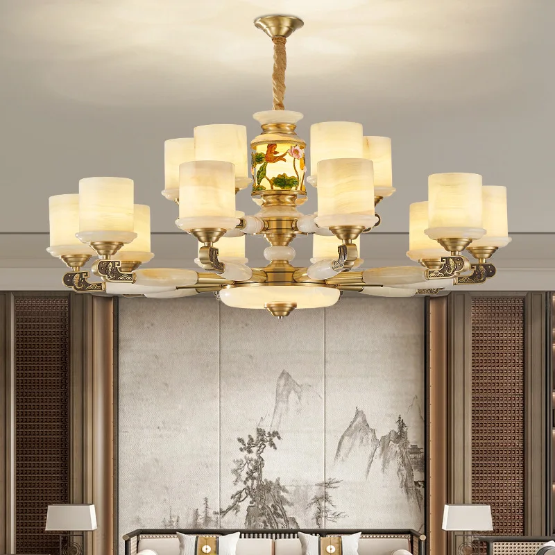 النمط الصيني الجديد، جميع النحاس، اليشم، غرفة المعيشة، الثريا، النمط الصيني، الفيلا، المبنى المزدوج #2