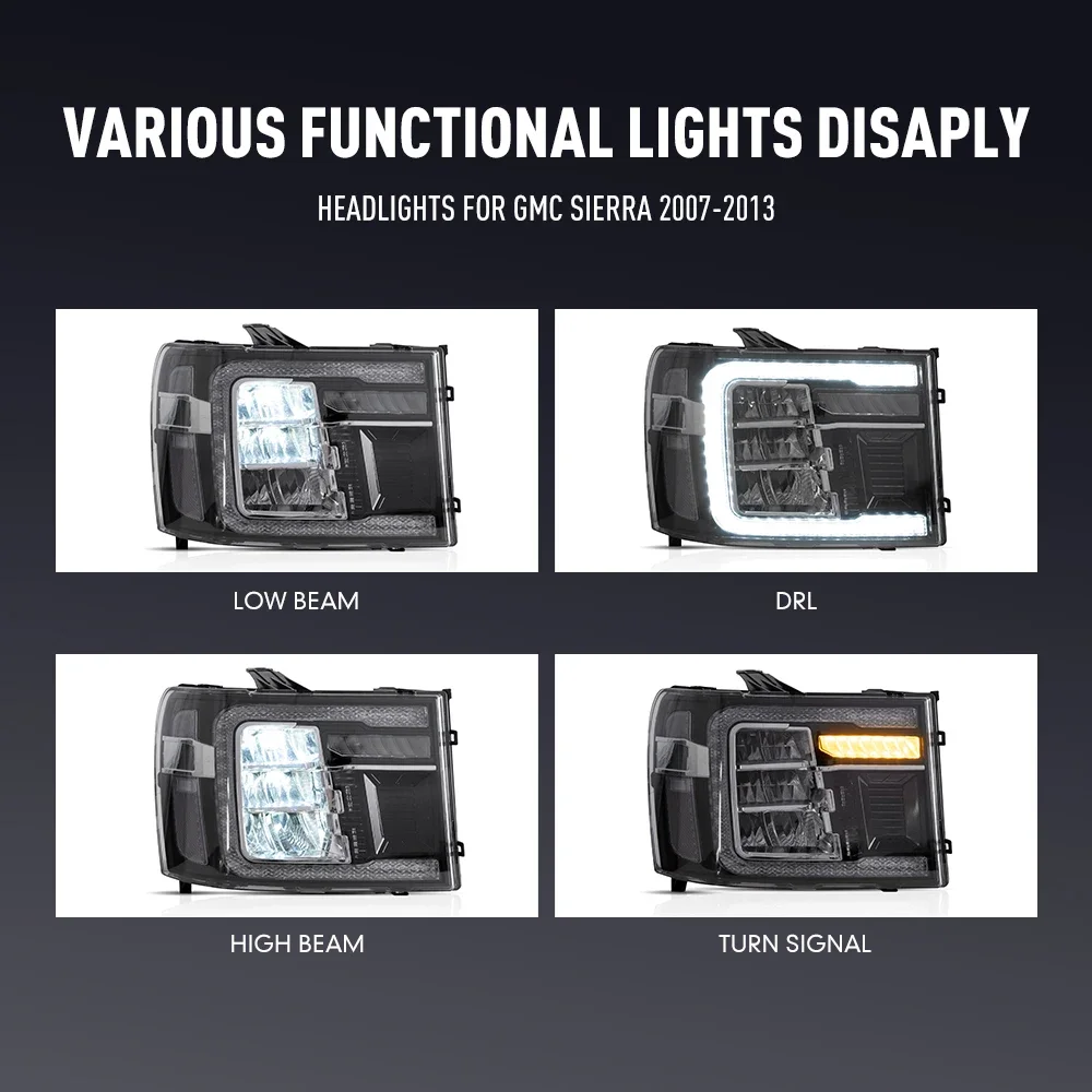 Pair Of LED Car Headlight Assembly For GMC Sierra 2007-2013 Headlights DRL Tuning Signal Plug And Play Front Head Lamp