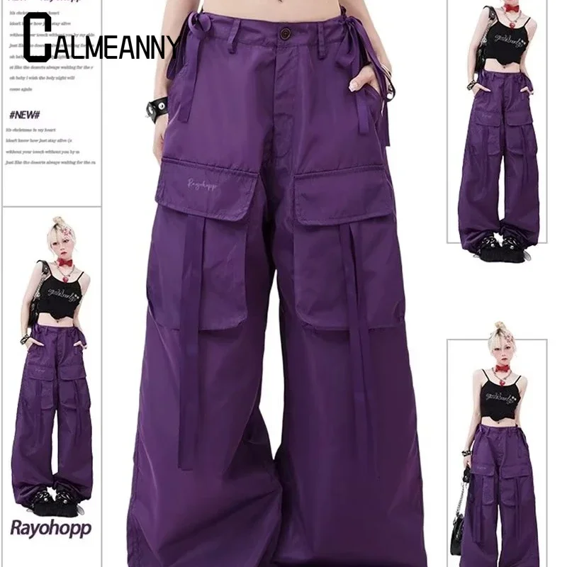 2023 Women Casual Tech Pants Vintage Solid Low Waist Drawstring Baggy Trousers Y2K Wide Leg Sweatpants Streetwear Cargo Pants